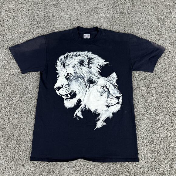 VINTAGE Lions Wildlife Shirt Mens Medium Black Made in USA Harlequin 80s Stedman - Picture 1 of 15